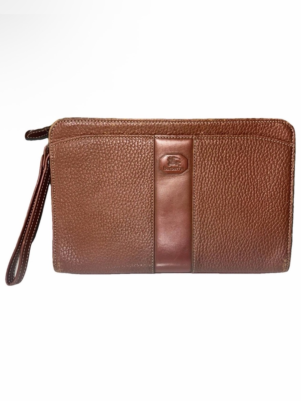 Vintage Burberry Brown Leather Clutch Bag w Nova Check Interior